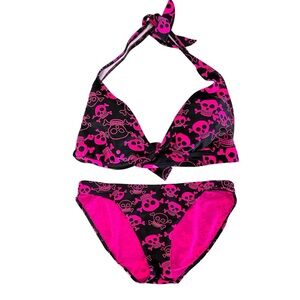 Kaligirlz x Hot Topic Y2K Pink Black Skull Print Bikini Set Size Large Rare Swim
